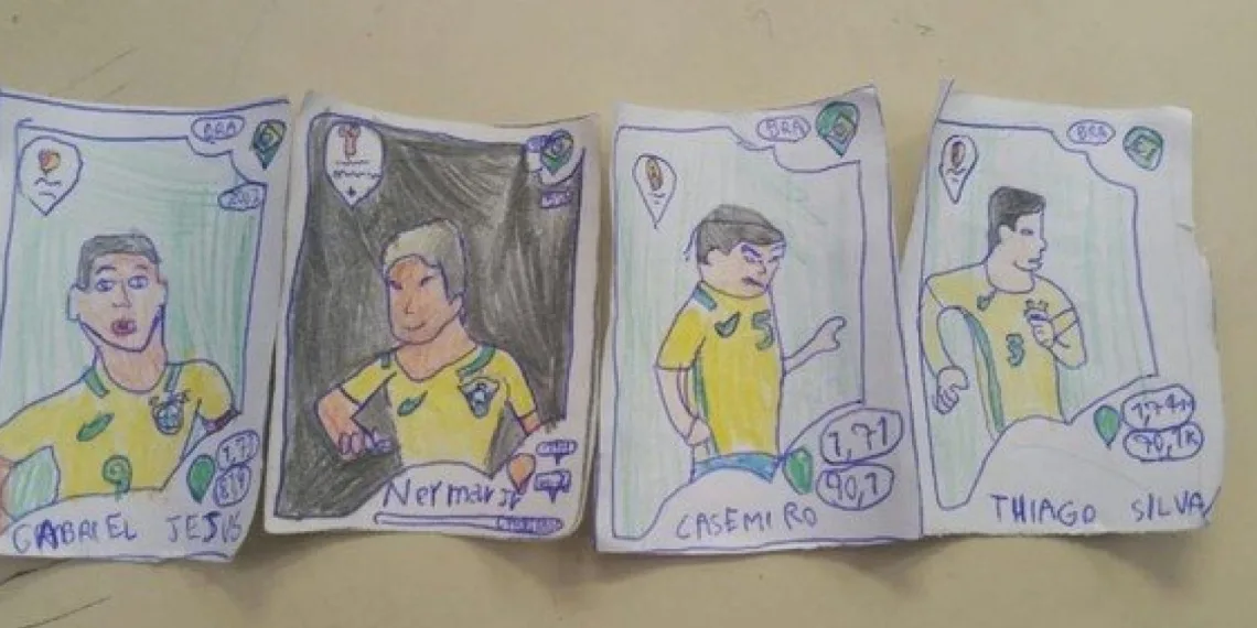 Sem dinheiro, menino pinta as próprias figurinhas da Copa do Mundo
