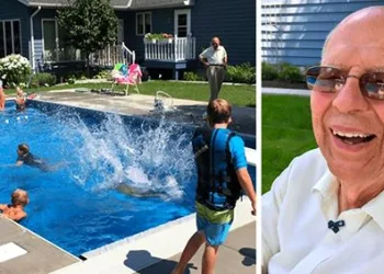 Aos 94 anos, viúvo constrói piscina para reunir vizinhos e não ficar sozinho.