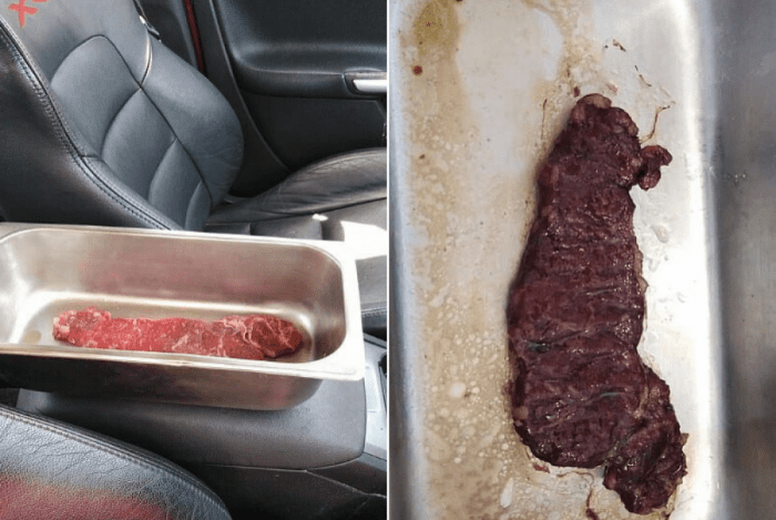 Homem deixa bife cru no carro e carne fica bem passada