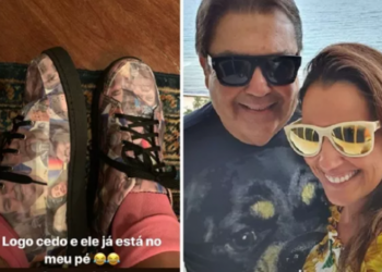 Ô loco Meu! Mulher do Faustão usa tênis com fotos do apresentador