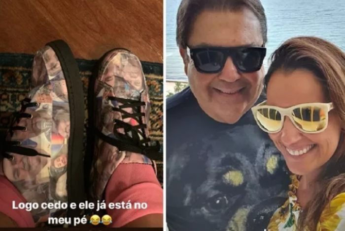 Ô loco Meu! Mulher do Faustão usa tênis com fotos do apresentador