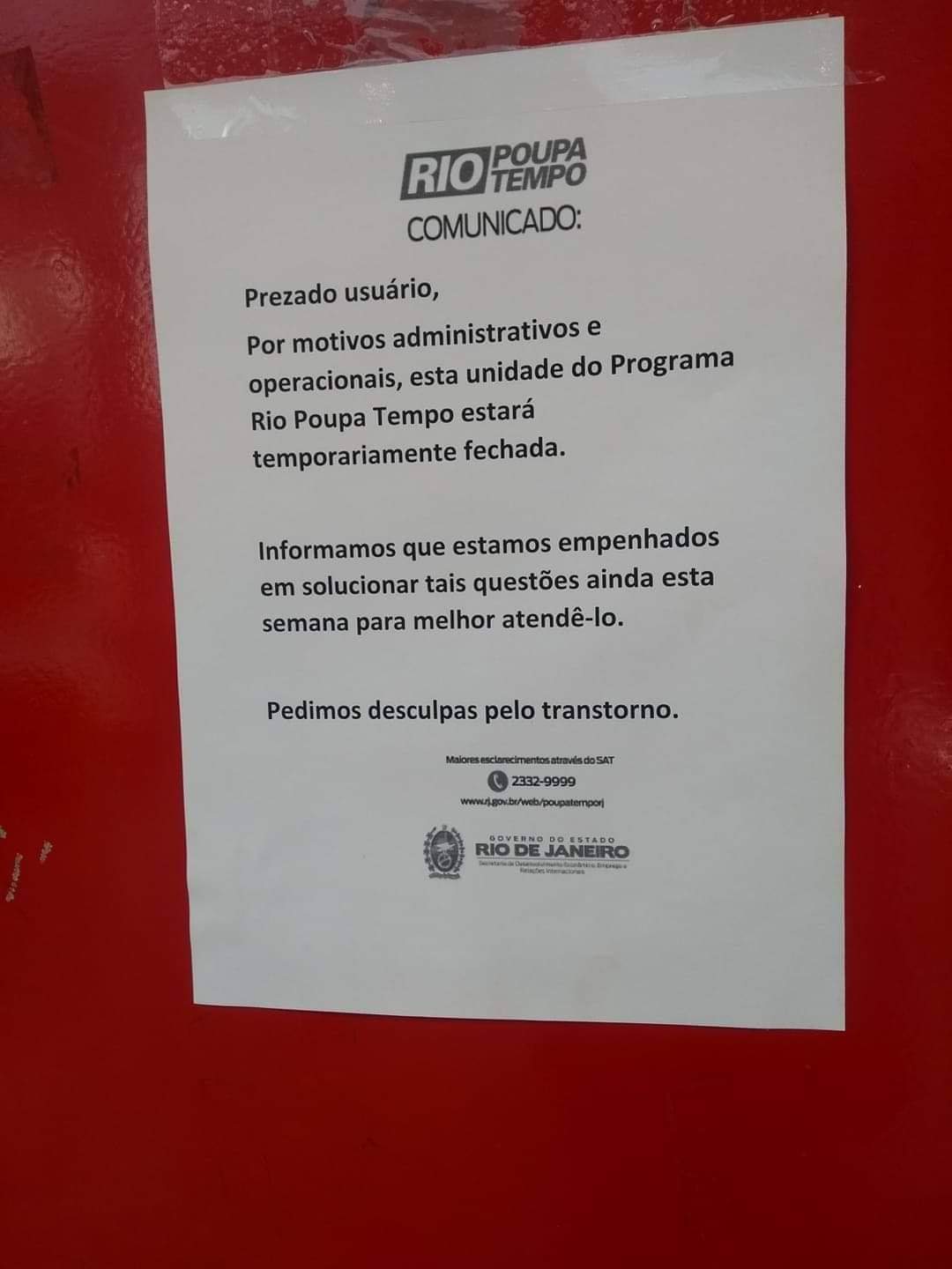 ATENÇÃO | POUPA TEMPO DE BANGU É FECHADO TEMPORARIAMENTE