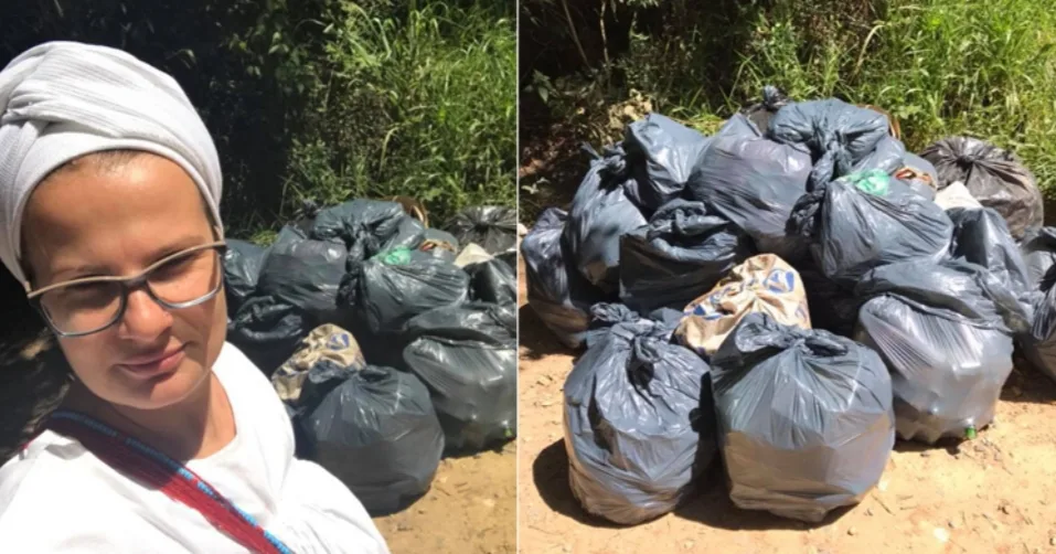 Mãe de Santo lidera mutirão e limpa entorno de cachoeira poluído com oferendas