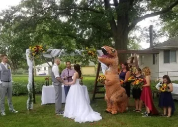MADRINHA VAI A CASAMENTO FANTASIADA DE TIRANOSSAURO REX APÓS NOIVA FALAR QUE ELA PODERIA VESTIR O QUE QUISER