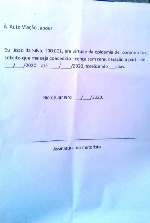 Motoristas da Viação Jabour são obrigados a pedir licença sem remuneração por causa do Covid-19