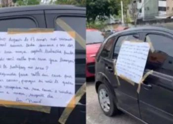 Mulher descobre traição e cola carta de término no carro do ex-companheiro. Leia