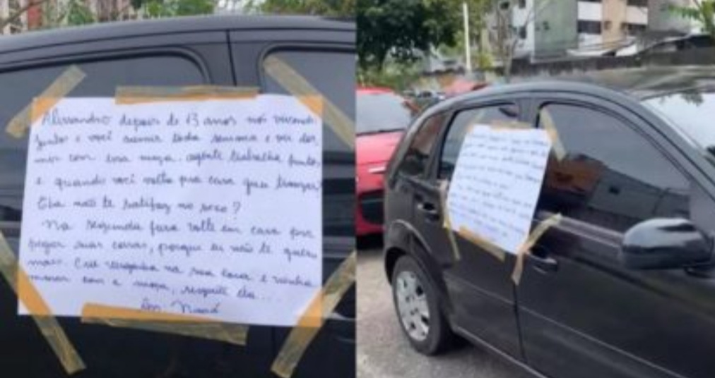 Mulher descobre traição e cola carta de término no carro do ex-companheiro. Leia