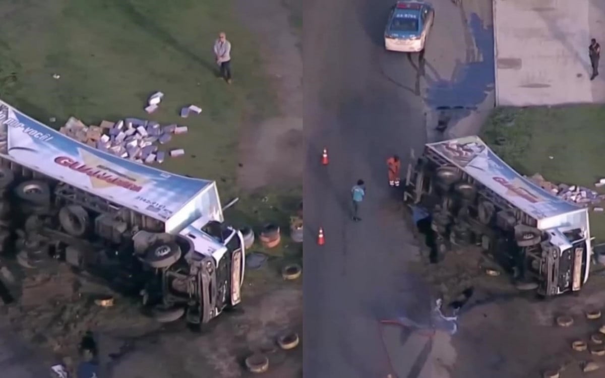 Acidente na Avenida Brasil: Caminhão de supermercado capota no sentido Santa Cruz