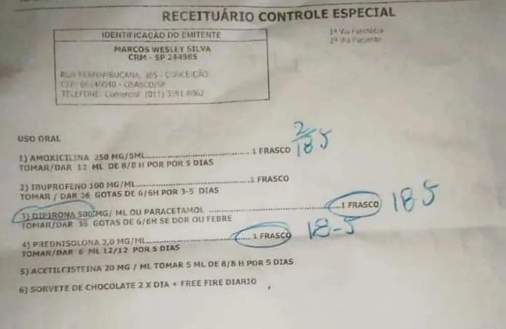 Médico receita sorvete de chocolate e ‘Free Fire’ para criança que foi até a UPA com gripe forte.