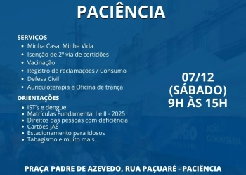 Prefeitura do Rio promove ação social em Paciência neste sábado com serviços gratuitos e oficinas
