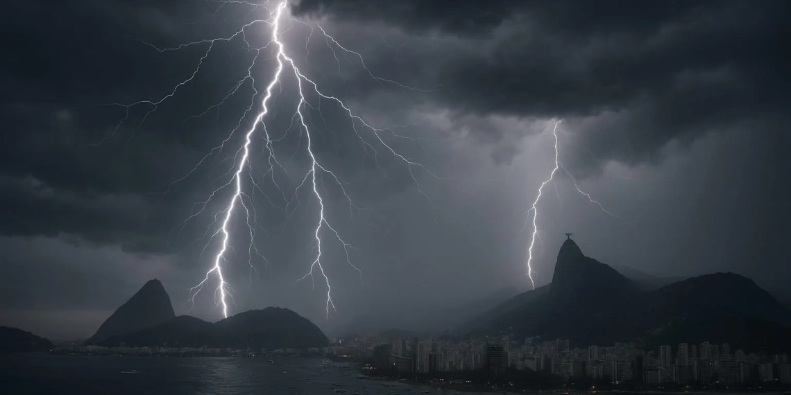 FRENTE FRIA CHEGA COM CHUVA FORTE, RAIOS, VENTOS DE ATÉ 76 KM/H E QUEDA DE TEMPERATURA NO RIO