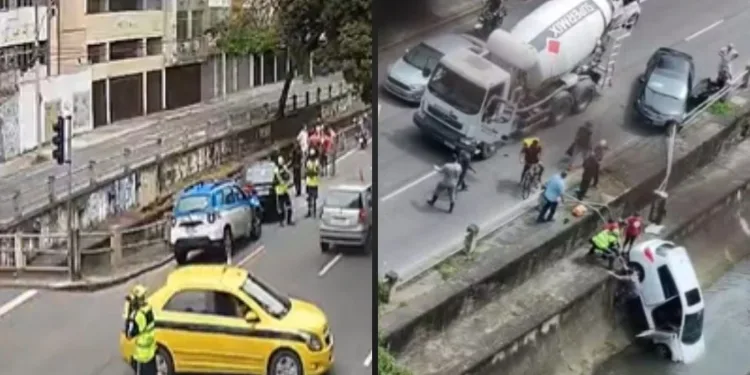 Acidente no canal do Maracanã com carro dentro da água.