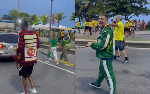 Homem negro acorrentado durante ato político na Barra da Tijuca.